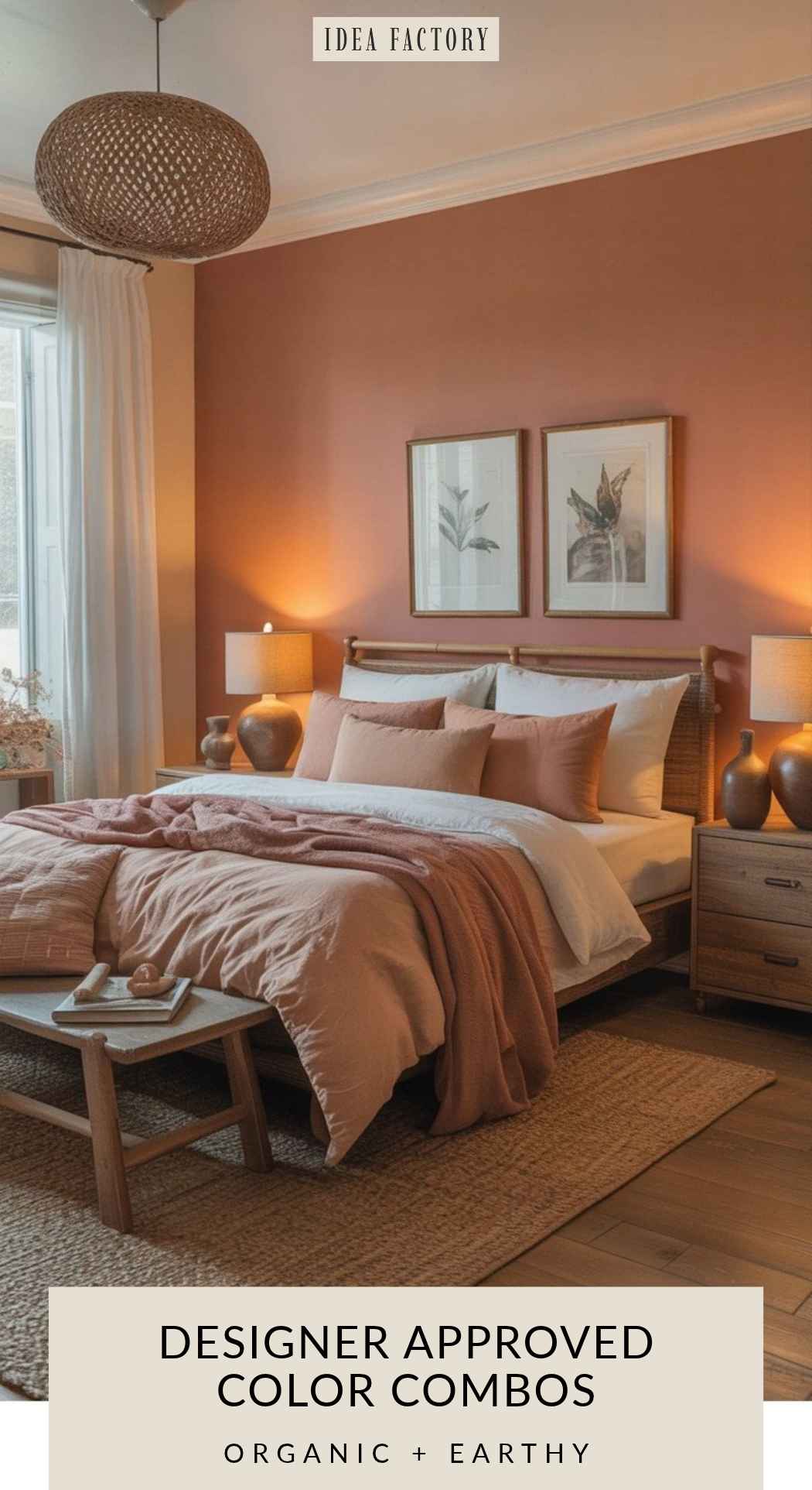 Bedroom with a terra cotta wall, bed with layered bedding, and text overlay reading Idea Factory: Designer Approved Color Combos, Organic + Earthy.
