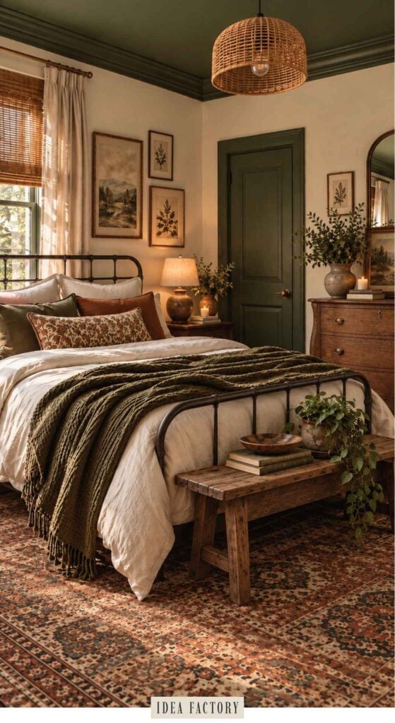 Cozy bedroom with an iron bed, layered olive-green bedding, a wooden bench, and a dark green door showcasing earthy bedroom ideas.