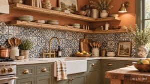 A farmhouse kitchen with earthy olive green cabinets, a white apron-front sink, blue patterned backsplash tiles, and open wooden shelving displaying pottery and kitchenware.