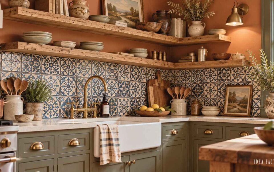 A farmhouse kitchen with earthy olive green cabinets, a white apron-front sink, blue patterned backsplash tiles, and open wooden shelving displaying pottery and kitchenware.