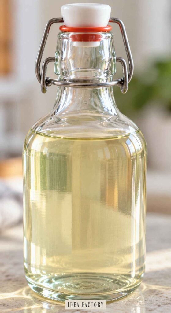 A glass bottle with a swing-top lid filled with DIY mouthwash.