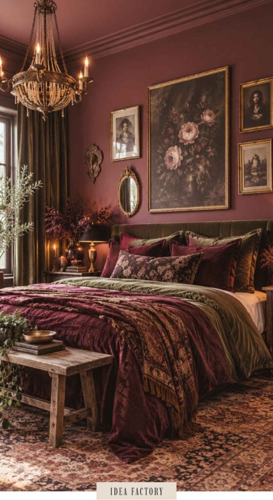 A moody bedroom featuring a dark red wall, an upholstered bed with maroon and olive green bedding, a large floral painting, and a wooden bench at the foot of the bed.