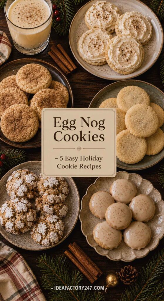 Assorted holiday cookies on plates surround a sign reading Egg Nog Cookies—5 Easy Holiday Cookie Recipes, with festive decorations and a glass of eggnog in the background.