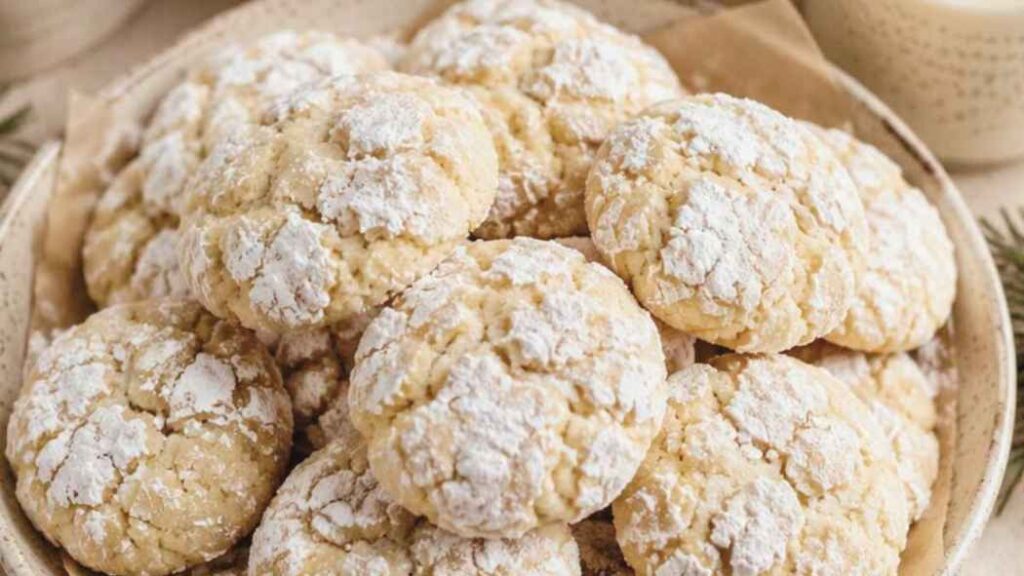 A plate of crinkle cookies dusted with powdered sugar, arranged closely together. The cookies have a cracked surface and a light golden color.
