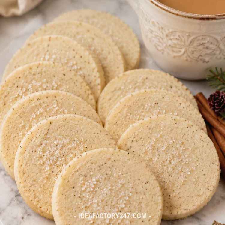 A plate of round, sugar-dusted shortbread cookies is arranged beside a cup of tea or coffee and some cinnamon sticks on a marble surface.