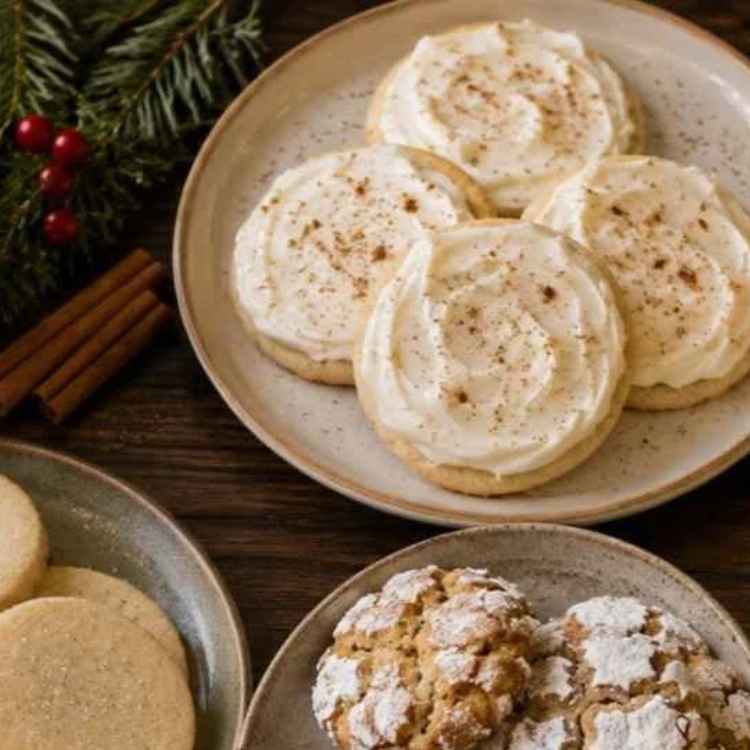 Three types of cookies on plates: frosted sugar cookies, plain round cookies, and powdered cookies, with cinnamon sticks and pine sprigs on a wooden table.