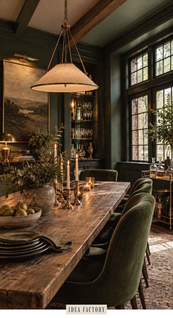 A rustic wooden dining table set for a meal, featuring a centerpiece with candles and foliage, surrounded by green upholstered chairs in a dark-toned dining room.