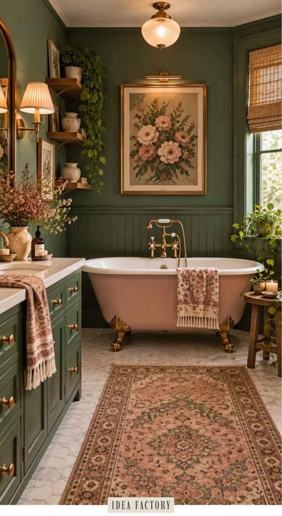 A clawfoot bathtub with a pink exterior and gold hardware stands in a bathroom with dark green walls, a patterned area rug, and floral wall art.