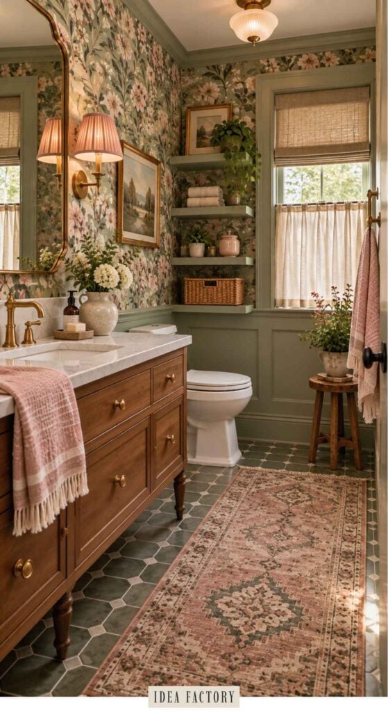 A pink and green bathroom with a wooden vanity, floral wallpaper, floating shelves, and a patterned rug on a tiled floor.