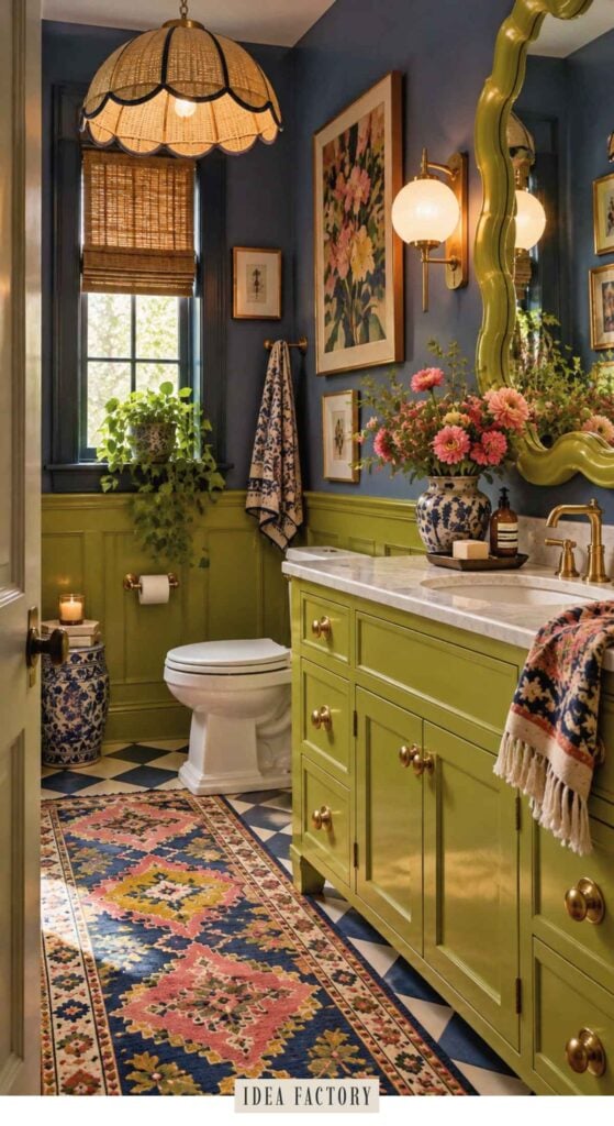 A bathroom with olive green cabinets and wainscoting, navy blue walls, and a colorful patterned runner rug on a checkered floor.