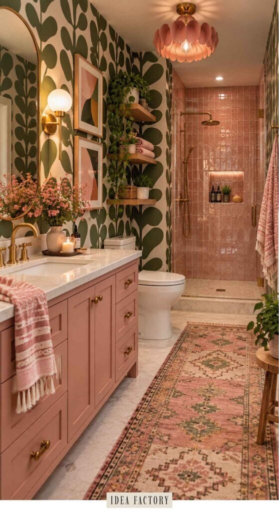 Bathroom with pink vanity cabinets, a walk-in shower with pink tile, and green patterned wallpaper.