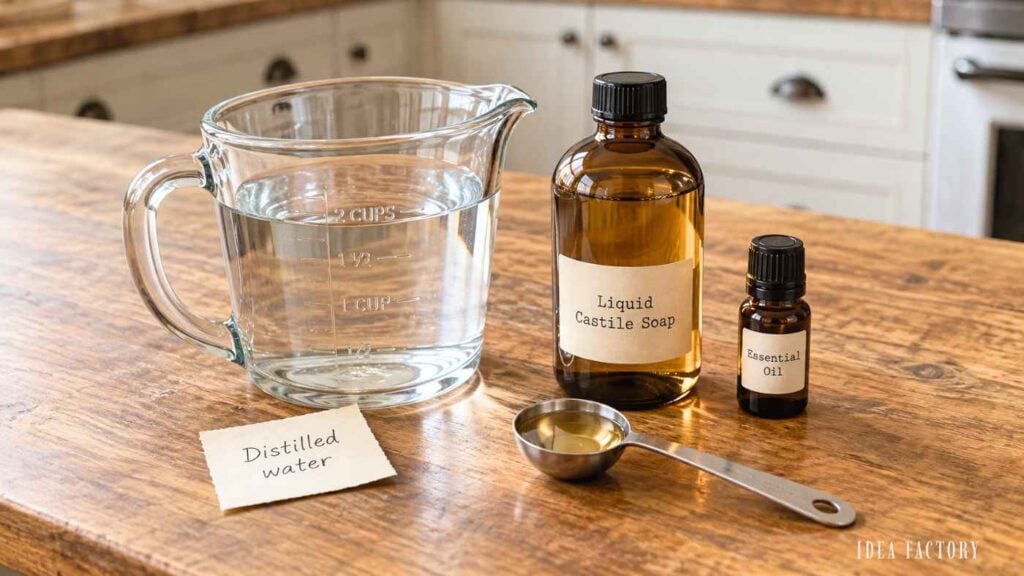 A measuring cup of water, a bottle of liquid castile soap, a small bottle of essential oil, and a measuring spoon on a wooden counter with labels for distilled water, liquid castile soap, and essential oil.