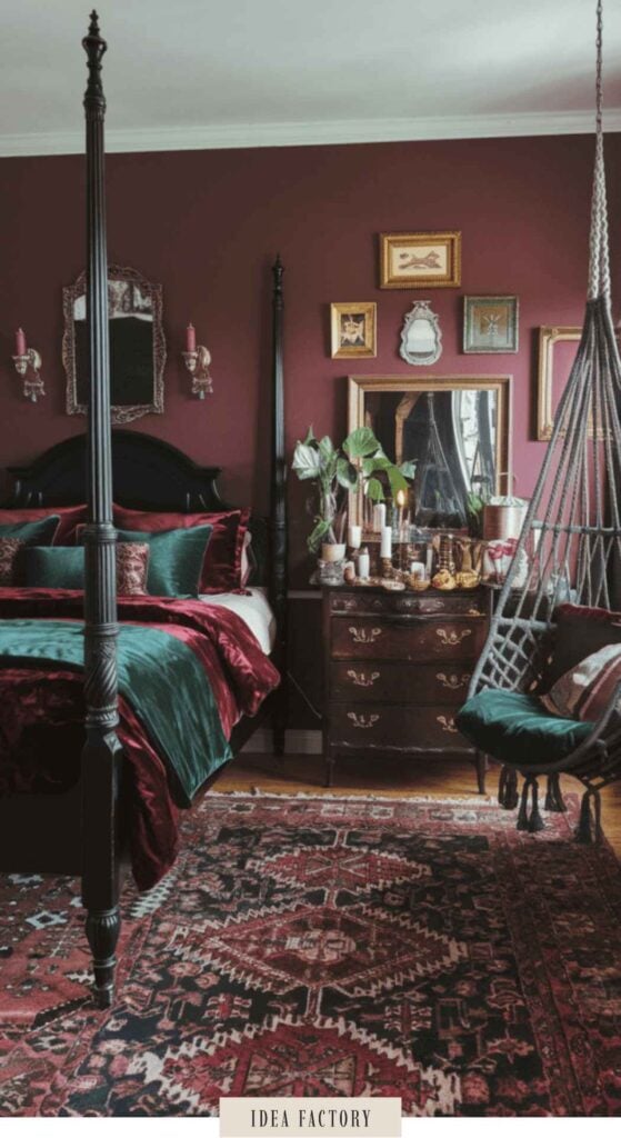 Bedroom with a four-poster bed and hanging chair, featuring dark red walls, velvet bedding, and a decorative rug.