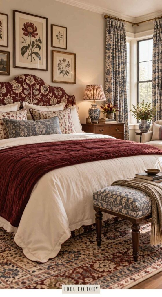 A bedroom with a red floral upholstered headboard, a burgundy quilted coverlet, and a blue patterned bench at the foot of the bed.
