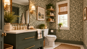 Bathroom with green patterned wallpaper, a dark green vanity with a white countertop, and a toilet next to floating shelves holding plants.