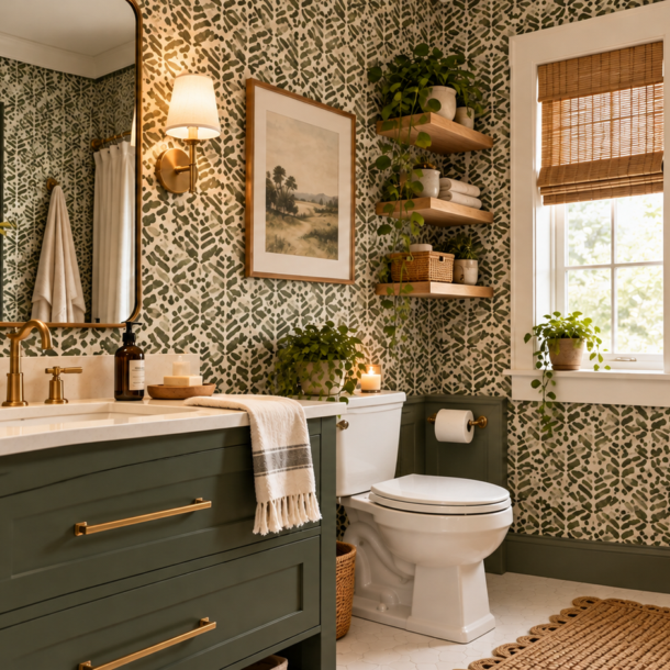 Bathroom with green patterned wallpaper, a dark green vanity with a white countertop, and a toilet next to floating shelves holding plants.