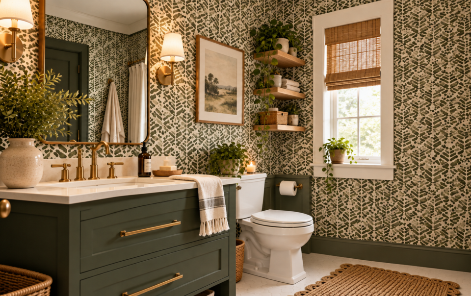 Bathroom with green patterned wallpaper, a dark green vanity with a white countertop, and a toilet next to floating shelves holding plants.