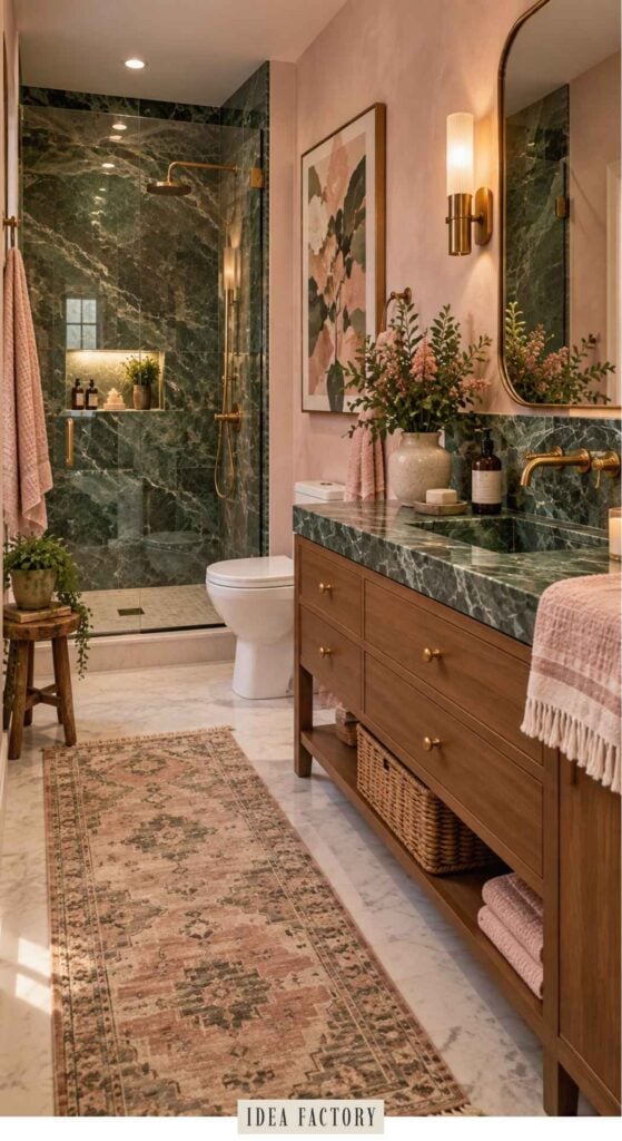 Bathroom with a wooden vanity, a pink and green marble countertop and shower, and a patterned rug on a marble floor.