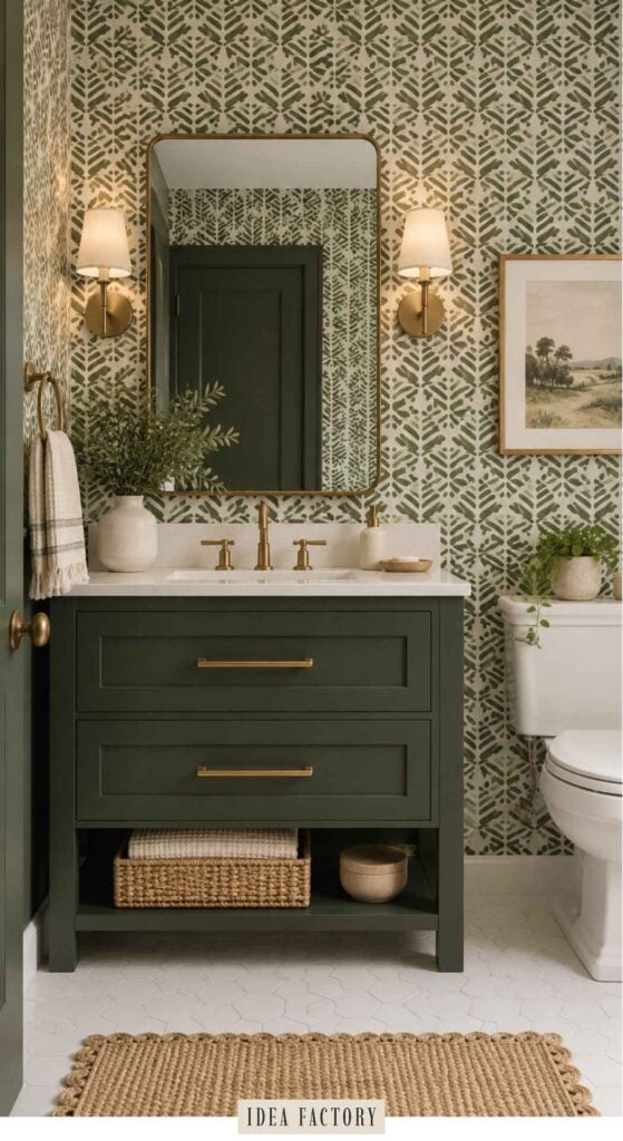 Bathroom vanity with a dark green cabinet, white countertop, and gold fixtures against green leaf-patterned wallpaper.