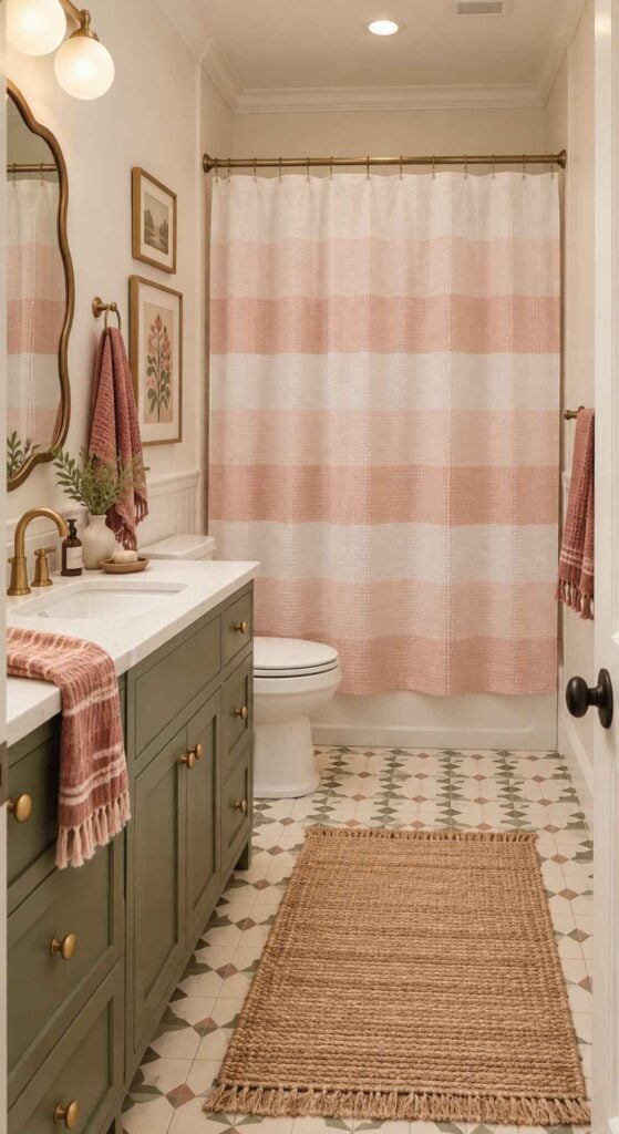 Bathroom with a sage green vanity, white countertop, and a shower with a pink and white striped curtain in a pink and green bathroom.