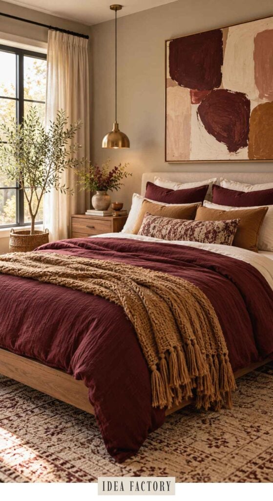 A bed made with dark red bedding, a textured tan throw blanket with tassels, and layered pillows, positioned in a room with an abstract painting and an indoor tree.