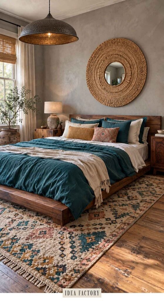 A low-profile wooden bed with dark teal bedding, a textured rug, and a large round woven wall mirror.
