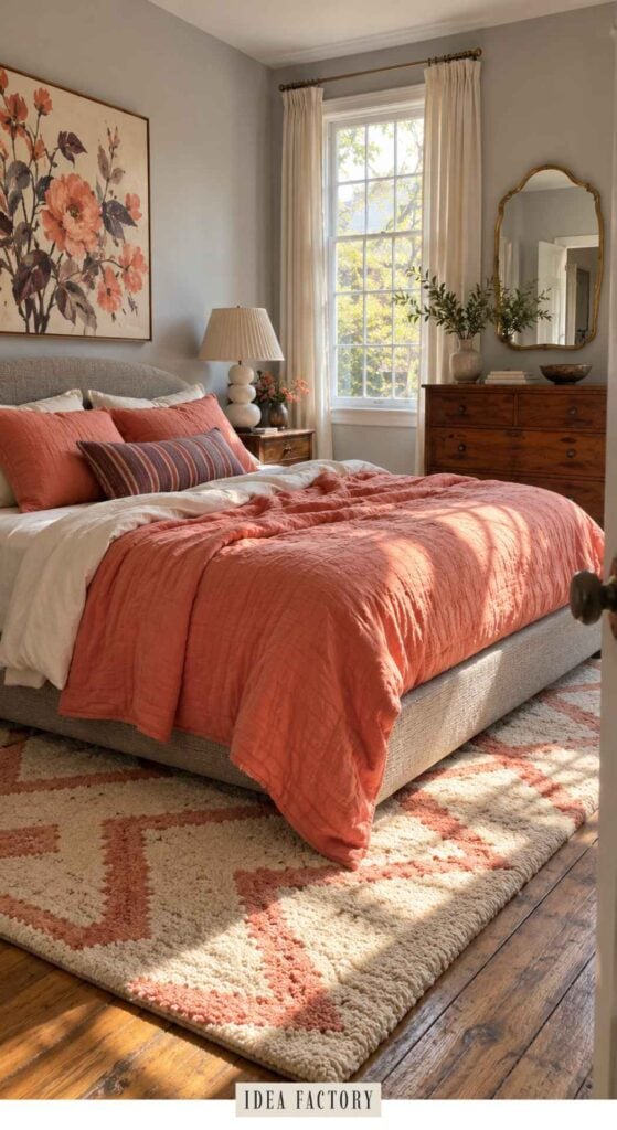 A bedroom with a coral-colored bedspread and throw pillows, a floral wall art piece, and a wooden dresser with a mirror.