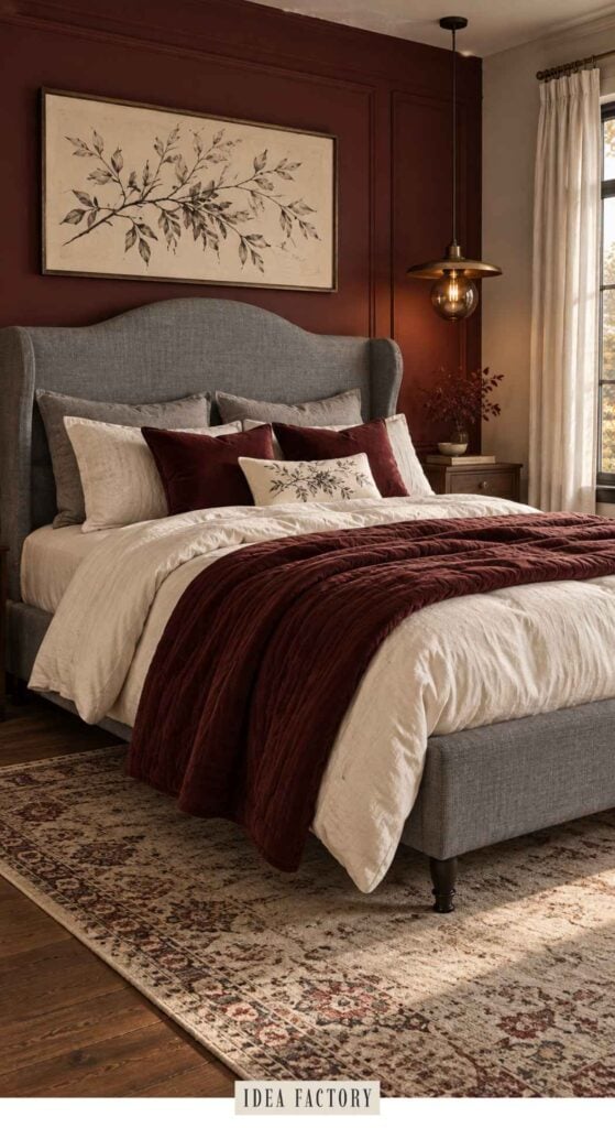 A gray upholstered wingback bed dressed in cream bedding with deep red pillows and a matching velvet throw blanket.