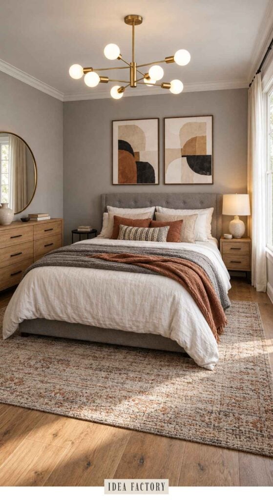 A neutral-toned bedroom with a grey upholstered bed, layered bedding, abstract art, a round mirror, and a brass sputnik chandelier, showcasing grey bedroom ideas with a subtle pop of color in the art prints.