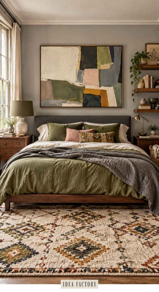A bedroom featuring a bed with olive green bedding, a gray throw, and a large abstract painting hung on the wall above the headboard.