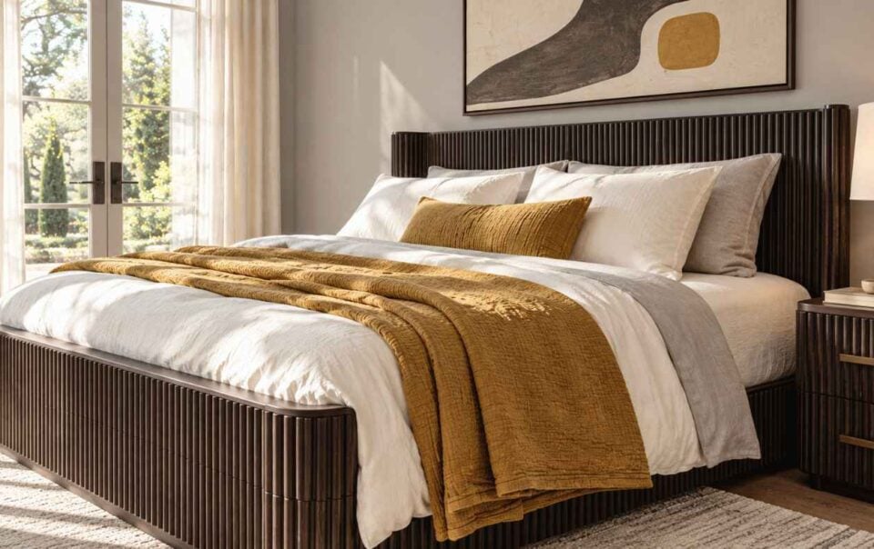 A dark wood bed frame with a fluted design, dressed in white, grey, and mustard yellow bedding for grey bedroom ideas with a pop of color.