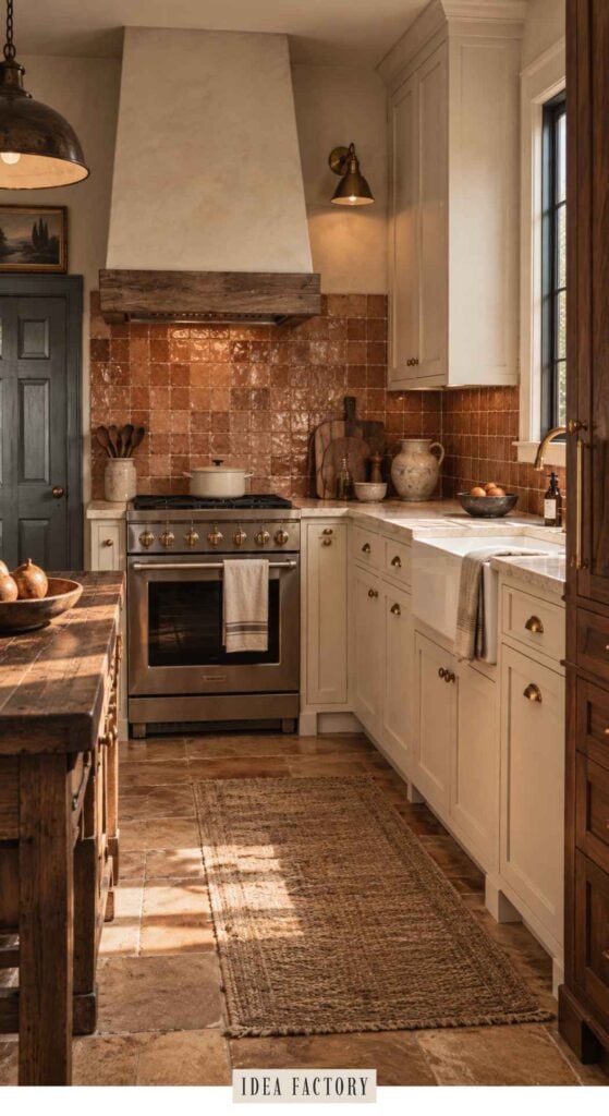 A kitchen showcasing popular kitchen color trends, featuring a stainless steel stove, a farmhouse sink, brown tile backsplash, a wooden kitchen island, and a woven runner rug.