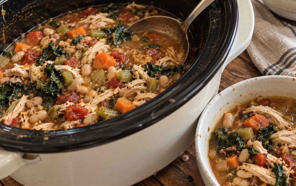 Slow cooker filled with chicken, white bean, and kale soup, next to a bowl of this healthy crockpot recipe.