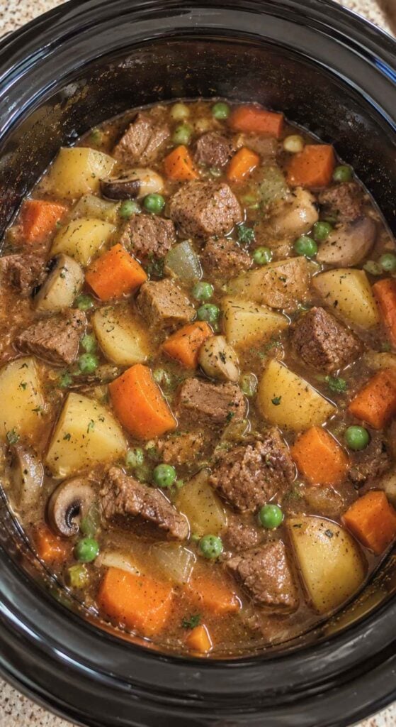 Beef stew with chunks of meat, potatoes, carrots, mushrooms, and peas cooking in a healthy crockpot recipe.