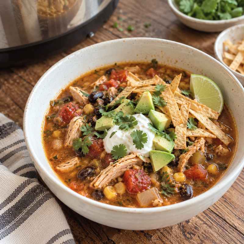 A bowl of chicken tortilla soup from a healthy crockpot recipe, topped with sour cream, avocado, cilantro, and crispy tortilla strips, with a lime wedge on the side.