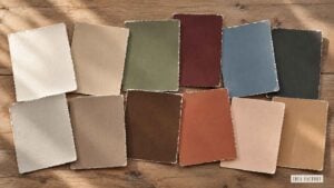 Eleven rectangular paint swatches with deckled edges, ranging from cream to dark gray, arranged on a wooden surface with an Idea Factory logo in the bottom right corner.