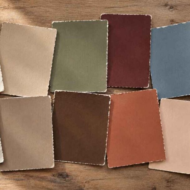 Eleven rectangular paint swatches with deckled edges, ranging from cream to dark gray, arranged on a wooden surface with an Idea Factory logo in the bottom right corner.