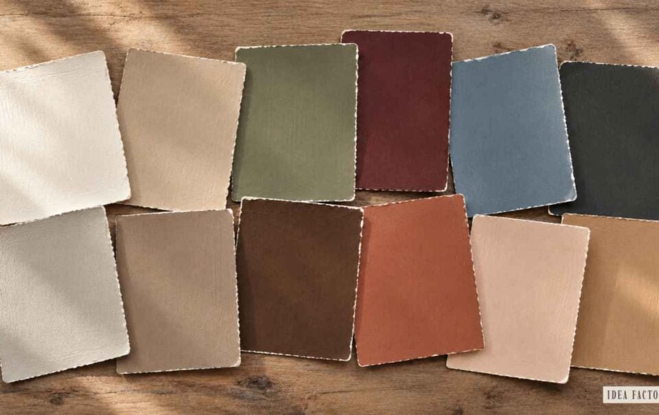 Eleven rectangular paint swatches with deckled edges, ranging from cream to dark gray, arranged on a wooden surface with an Idea Factory logo in the bottom right corner.