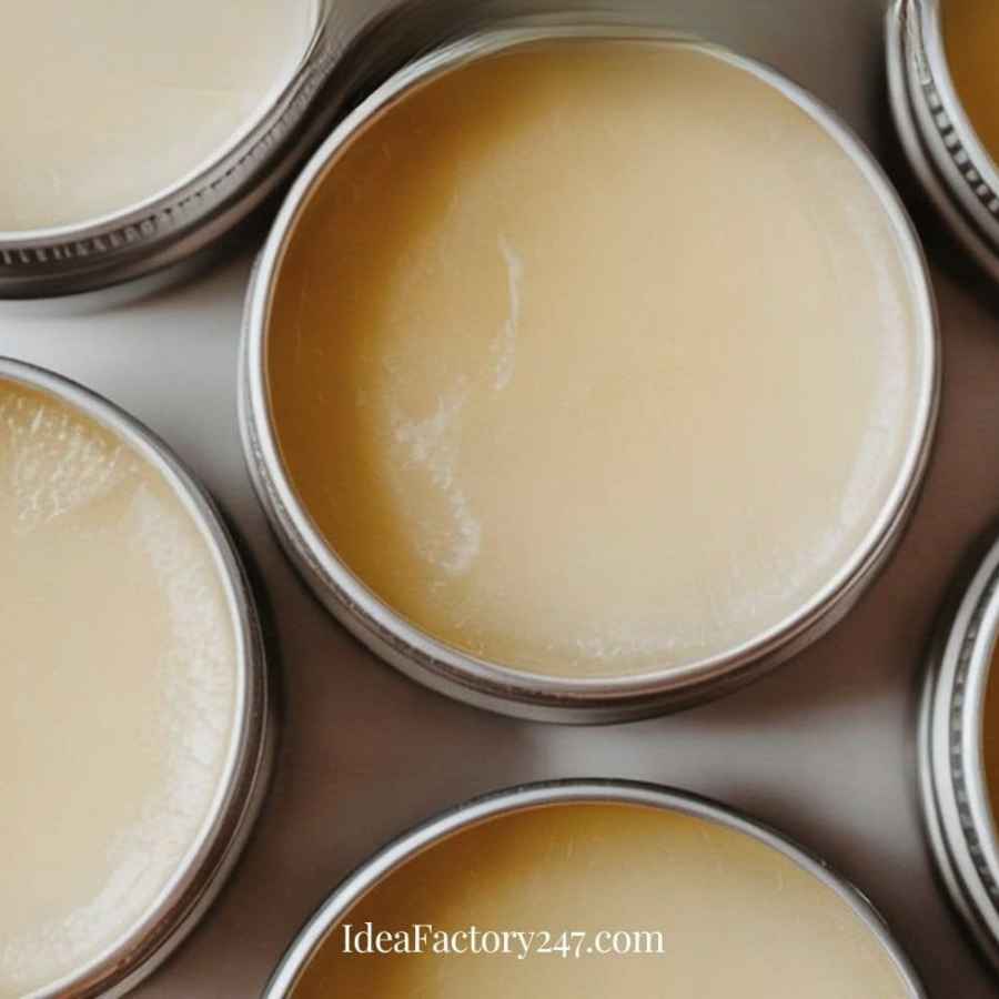 Several open round metal tins filled with beige balm, with the text IdeaFactory247.com overlaid at the bottom.