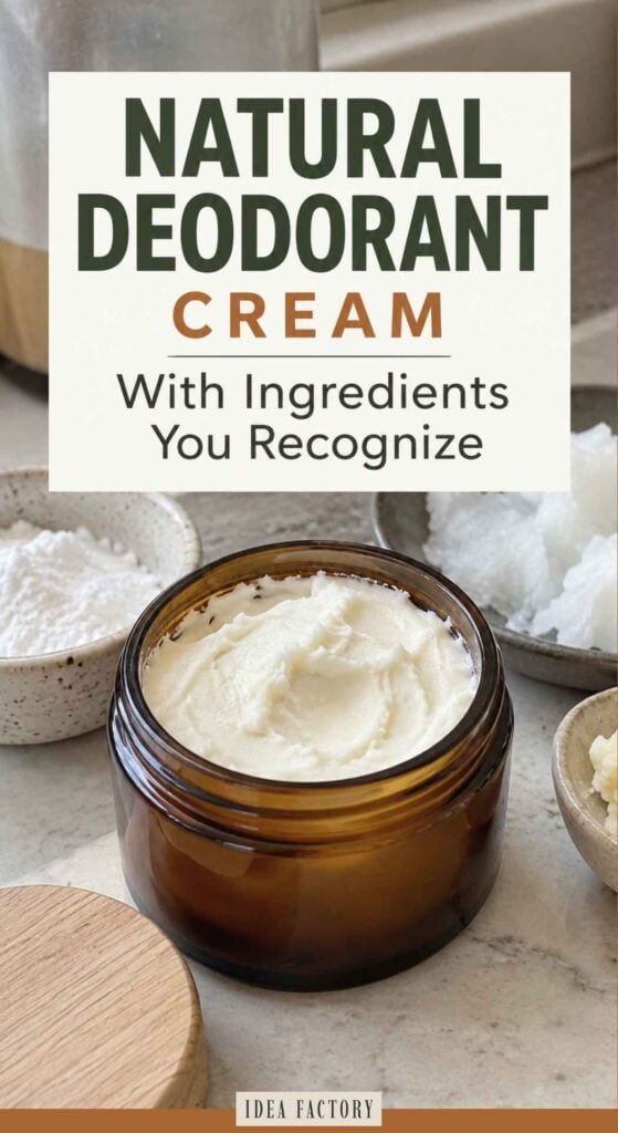 An open amber jar of natural deodorant cream surrounded by small bowls of raw ingredients, with text overlay reading Natural Deodorant Cream With Ingredients You Recognize.
