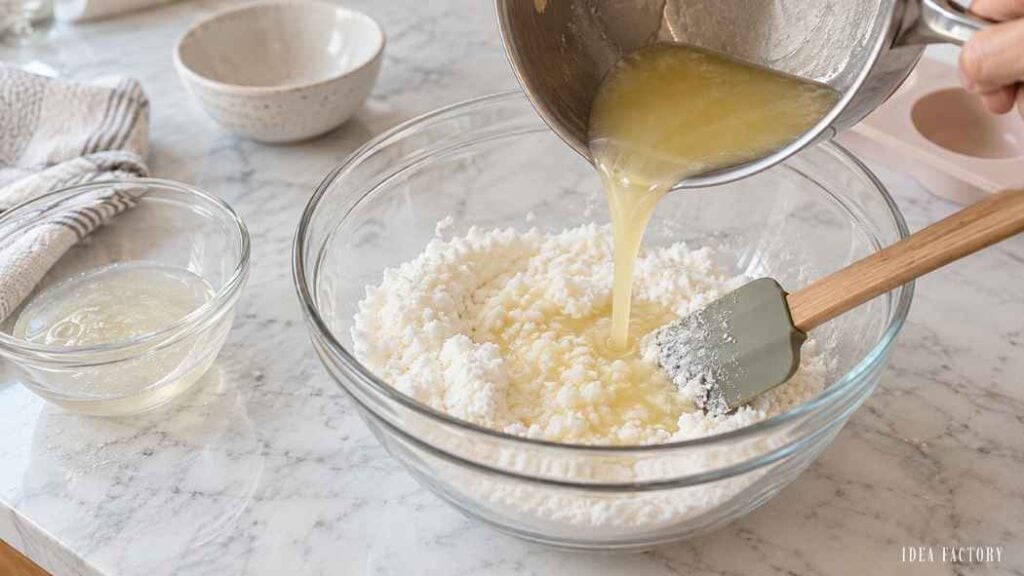 Melted butter being poured from a saucepan into a glass bowl containing a white, crumbly mixture.