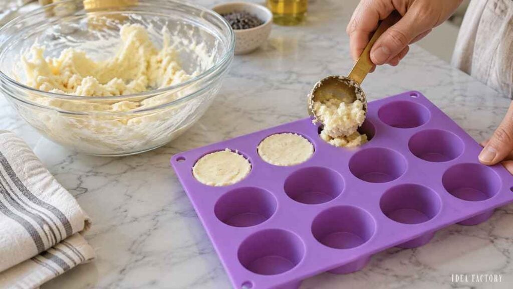 A hand uses a metal scoop to add cookie dough into a purple silicone muffin pan, next to a glass bowl of dough on a marble countertop.