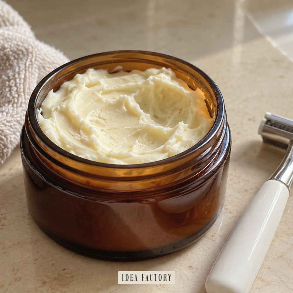 An amber jar filled with creamy white shaving butter next to a safety razor.