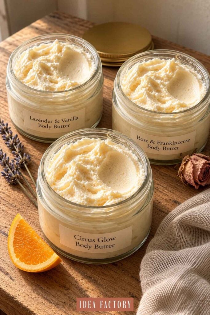 Three glass jars of whipped body butter labeled Lavender & Vanilla, Rose & Frankincense, and Citrus Glow on a wooden surface.