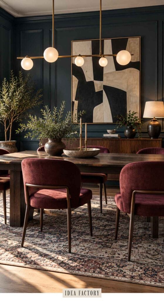A wooden dining table with six burgundy upholstered chairs, centered under a modern linear pendant light in front of a dark blue wall with a large abstract painting.