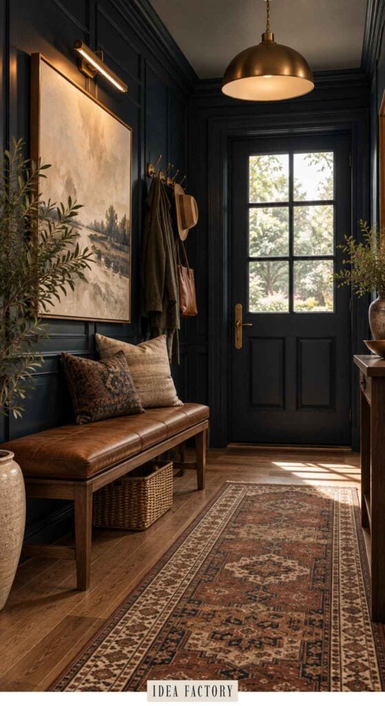 An entryway with dark paneled walls featuring a leather bench with two pillows, a coat rack, a landscape painting, and a patterned rug leading to a glass-paned front door.