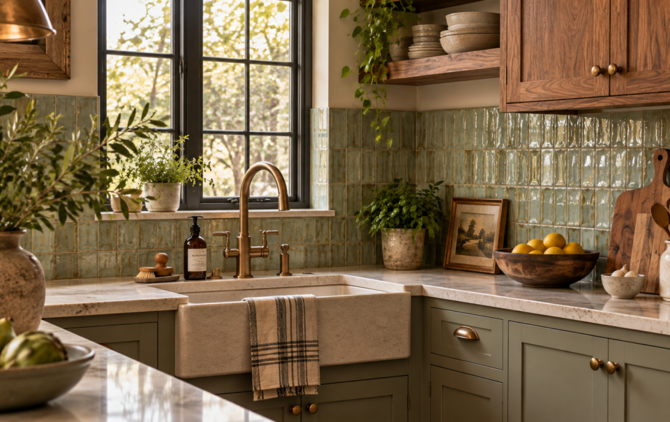 A farmhouse kitchen with green tile backsplash, a stone apron sink with a brass faucet, and wooden countertops.
