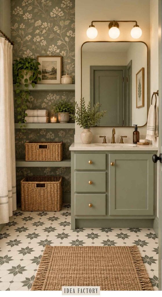 Bathroom vanity with sage green cabinets, a rounded mirror, and open shelving decorated with plants and woven baskets, set against floral wallpaper and patterned tile flooring.