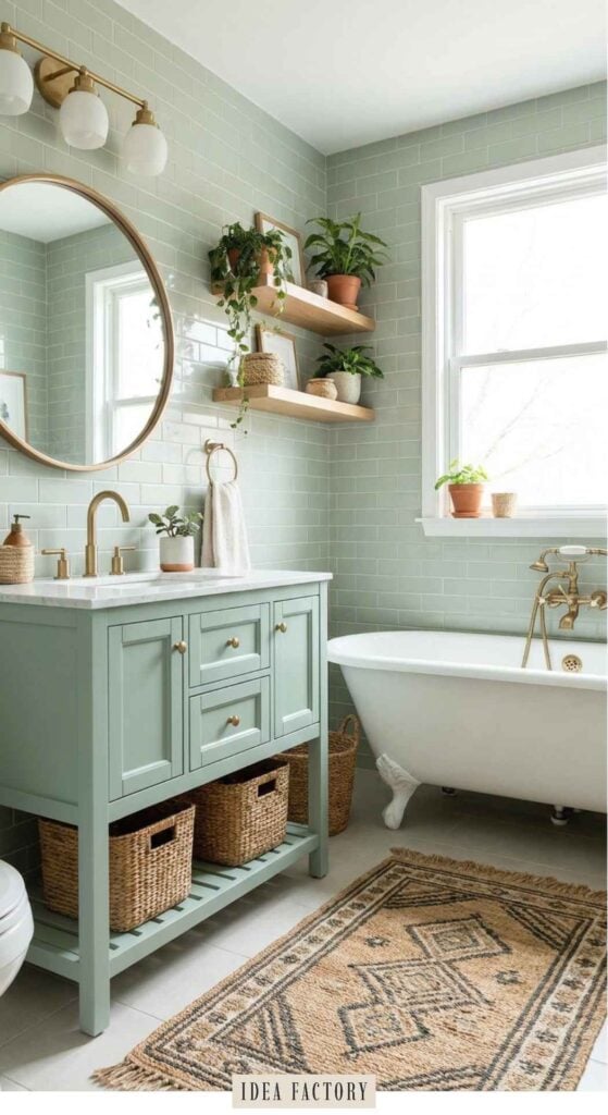 A bathroom with sage green subway tile walls, a sage green vanity with a marble top, a white clawfoot tub, and open wood shelving decorated with potted plants.