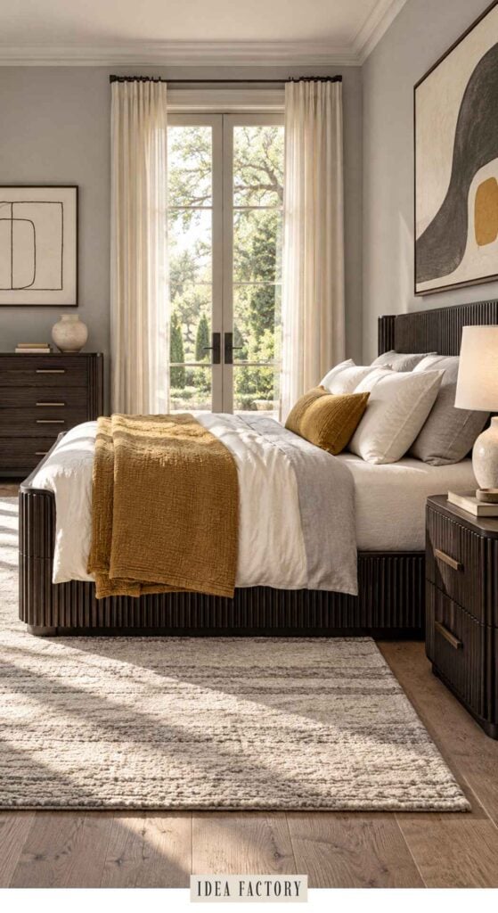 A bedroom with a dark slatted bed frame, layered white and mustard yellow bedding, and matching dark wooden nightstands and dresser.
